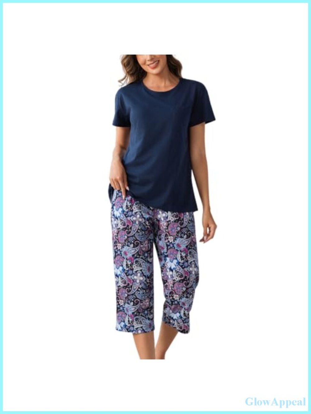 Womens Cotton Pajama Set 2PC Short Sleeve Capri Sleepwear
